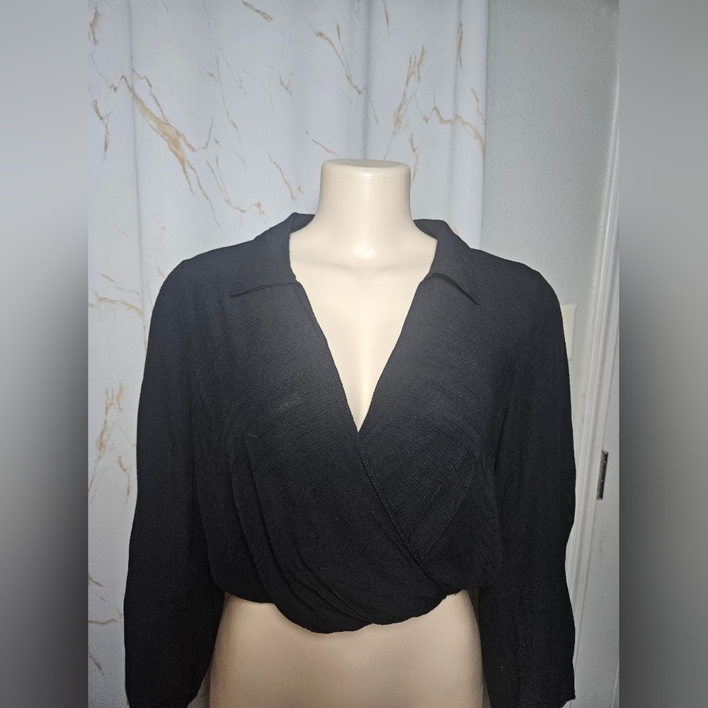 Zara Black Wrap-Style Button Down Blouse